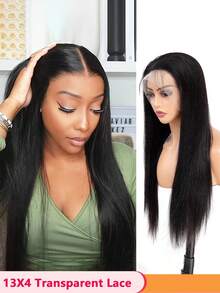 13x4 Transparent Lace Front Wig, 100% Human Hair, Pre-Plucked, 150% Density, Virgin Hair - Black - View 3