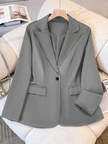 Women's Casual Office Solid Color Lapel Blazer Jacket, Long Sleeve Button Pockets, Suitable For Autumn, Winter And Spring - Grey - View 3