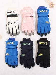 1 Pair Kids Ski Gloves, Cartoon Dinosaur Design, Thermal Lined, Thick, Windproof, Waterproof, Warm Winter Snow Play Mittens - 1Pair - View 1