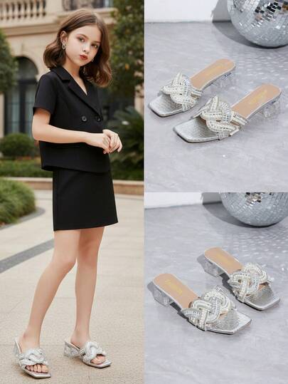 1 Pair Silver Metallic Oversized Criss-Cross Braided Strap Rhinestone Embellished Transparent Chunky High Heel Slip-On Sandals, Soft, Stylish, Elegant, Lightweight, Suitable For Teens, Girls, Daily, Party, School, Commute, Travel, Spring/Summer
