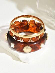 3pcs Bohemian Style Shell & Faux Pearl Ombre Resin 3-Layer Stacking Bracelet Set, Suitable For Women's Daily, Vacation, Casual, Party Wear, Jewelry Gift, Random Color - Multicolor - View 8