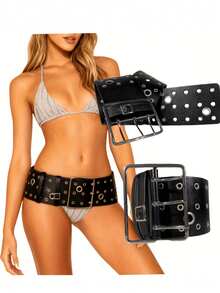 新款不对称金属孔眼宽腰带，三排扣，Y2K个性化设计，日常百搭 - 彩色 - 查看 1