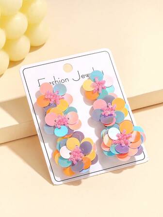 1 Pair Colorful Sequin Flower Petal Earrings, Handmade Glass Dangle Earrings, Fashion Jewelry For Women