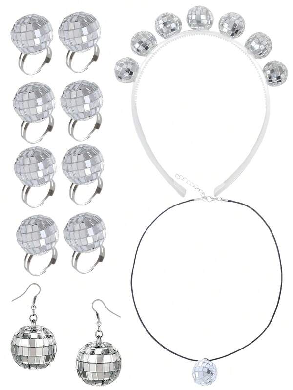 디스코 볼 파티 액세서리 세트: 링, 머리띠, 헤어 클립, 귀걸이, 목걸이, 거울 스티커. 싱글 파티, 음악 축제 의상, 테마 이벤트에 적합합니다. 반짝이는 레트로 디자인, 내구성 있는 소재. 필수 파티 용품 및 과장된 액세서리, 독특한 선물 선택 헤어밴드