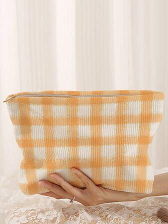 1个便携式化妆包，情人节礼物，橙色格子图案双面印花，拉链旅行化妆包，多功能洗漱用品收纳包