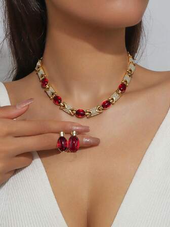 三件套：红色复古水晶全镶金项链+耳环，女士派对/订婚礼服首饰礼盒套装，配有超长项链