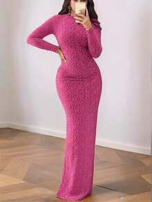 Stretchy Round Neck Long Sleeve Velvet Bodycon Sexy Dress, Suitable For Autumn, Christmas, Winter Party, Green - Màu Hồng Tươi - Xem 2