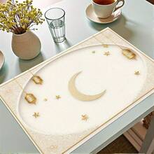 A Set Of 4-Piece Ramadan Themed Table Mats, Featuring A Simple Beige Design With A Crescent Moon And Lantern Design, Adorned With Stars, Suitable For Gatherings, Dining, And Holiday Decorations. The Size Is 30x45 Centimeters, Suitable For Home Decoration, Holiday Table Decoration, Rural Holiday Decoration, Rural Style, Washable Mats, Durable Materials, Holiday Table Decoration, And Home Entertainment. This Is The Ideal Choice For Ramadan. - Multicolor - View 4