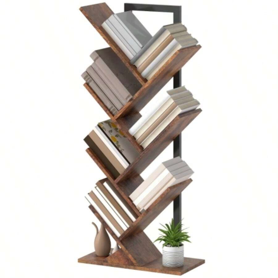 HOMCOM 7-Tier Narrow Tree-Shaped Shelf For Office, Rustic Brown - Khaki - View 1