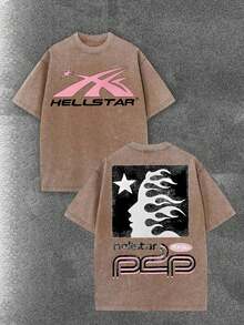 Worn-Out Washed Men's Short-Sleeved Shirt, Featuring A Pink Meteor Flame Human Face Silhouette Pattern In Letters On A Double-Sided Print, Retro Casual Loose Men's T-Shirt, Comfortable And Versatile Men's Clothing - Cà phê nâu - Xem 1