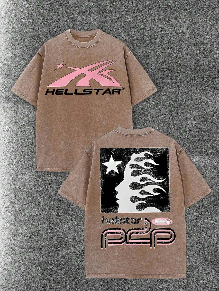 Worn-Out Washed Men's Short-Sleeved Shirt, Featuring A Pink Meteor Flame Human Face Silhouette Pattern In Letters On A Double-Sided Print, Retro Casual Loose Men's T-Shirt, Comfortable And Versatile Men's Clothing - Cà phê nâu - Xem 1