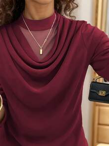 Elegante blusa de manga larga con doble capa de volantes de malla, informal y versátil, para otoño/invierno y primavera - Burdeos - Ver 8