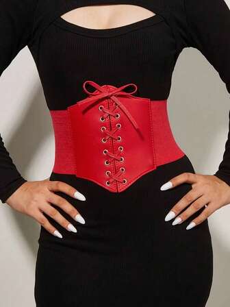 1件装女士红色时尚百搭系带弹力腰极简半身裙，适合日常通勤、用餐、聚会等场合。