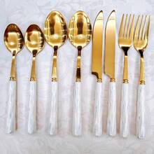 8/20pcs Golden Unique Stainless Steel Tableware, Beautiful Silverware Old-Fashioned Elegant Colorful Ceramic Handle Steak Knife, Dessert Spoon, Fork And Spoon - Multi-Color Creative Tableware Porcelain, Perfect For Daily Dining And Holiday Gatherings