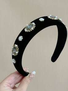 1件珍珠发箍，天鹅绒发箍，带珍珠花朵海绵宽发箍，黑色 - 黑色 - 查看 4
