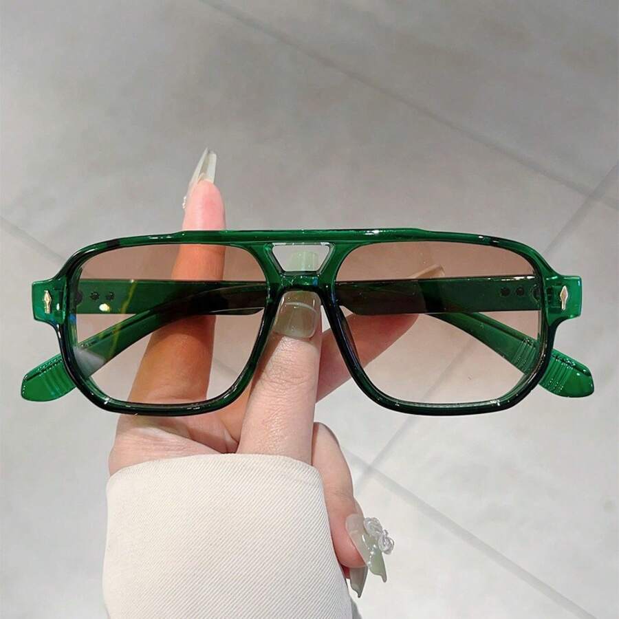 1 Piece - Fashionable Women's Retro Square Double Bridge Glasses, Transparent Green Frame, Lightweight Protective PC Frame, Casual Neutral Style, Suitable For Beach/Vacation/Travel/Cruise, Clothing Matching, Multifunctional Clothing Accessories - 彩色 - 查看 1
