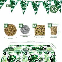 Tropical Jungle Animal Print Disposable Plates, Napkins, Cups, Tablecloth And Pennant Flags, Animal Themed Disposable Party Supplies Set, Fits 25 Guests, Disposable Paper Plates Party Tableware Suitable For Birthday, Wedding, Theme Party, Family Picnic - Multicolor - View 2