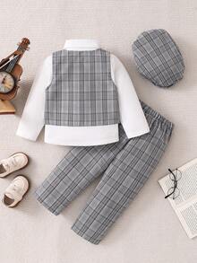 Baby Boy Grey Plaid Gentleman Outfit - Long Sleeve White Shirt + Plaid Vest + Plaid Pants, Paired With Bow Tie & Beret Hat, Soft & Skin-Friendly Material, Formal Wear For Spring/Autumn Occasions - Grey - View 3