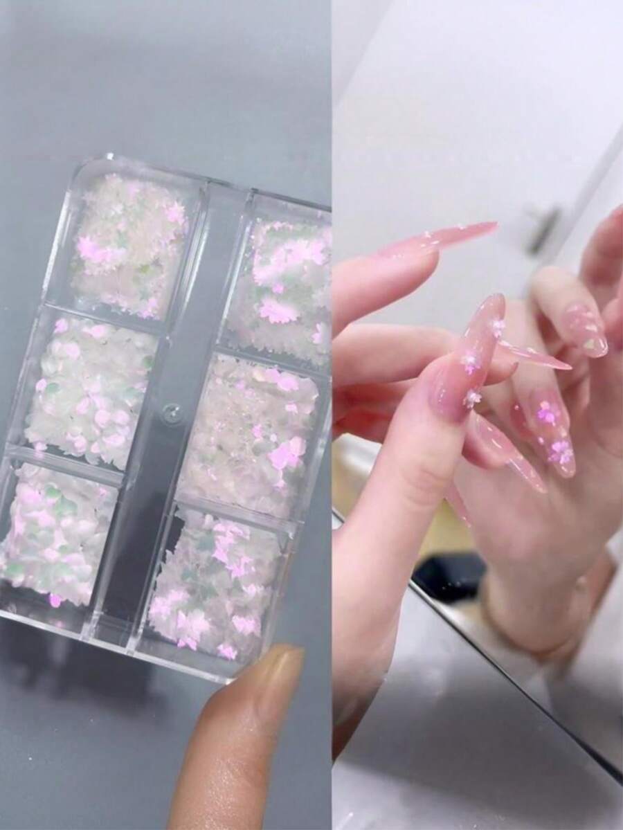 6格粉色迷雾仙女美甲闪粉,迷你星星,蝴蝶,彩色美人鱼,花朵DIY美甲装饰,情人节适用 - 彩色 - 查看 1