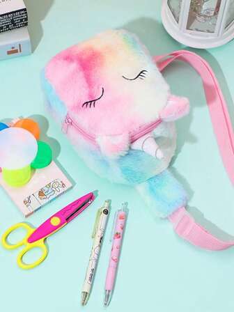 冬季儿童独角兽扎染胸包、单肩包和斜挎包；可爱女孩零钱包和手机包，适合情人节、女孩礼物和返校使用（扎染面料颜色随机）。