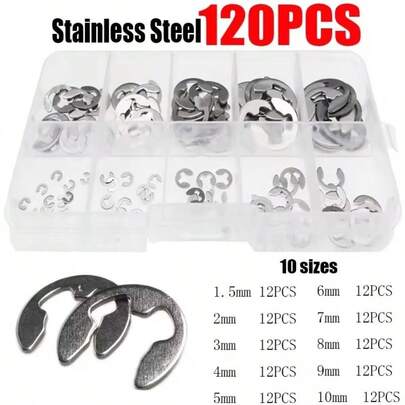 Anelli di bloccaggio di tipo E - Rondelle di fermo in acciaio resistenti con scatola di stoccaggio in plastica trasparente, soluzioni di fissaggio robuste per macchinari, automotive e applicazioni industriali, 120 pezzi di rondelle di bloccaggio, organizer trasparente