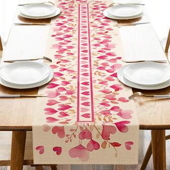1 pieza Camino de mesa del Día de San Valentín, tela de arpillera con corazones rosas, decoración de cocina, aniversario, boda, interior y exterior, mesa de comedor, suministros para fiestas en el hogar