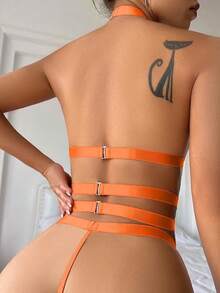 Halter Heart Ring Cutout Chain Floral Lace Sheer Garter Belt Lingerie Set 3 Piece - Orange - 查看 2