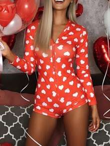Womens One Piece Valentines Romper Slim Fit Lips Bow Love Heart Print Button V Neck Long Sleeve Jumpsuit - 橘色 - 查看 4