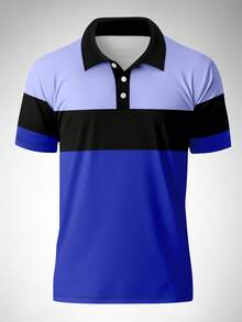 Men's Colorblock Comfortable Short Sleeve Sports Polo Shirt, Summer - Blue - View 2