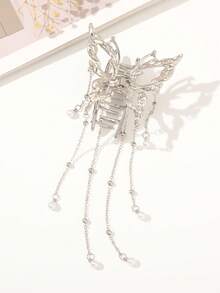 1pc Solid Color Rhinestone Butterfly Metal Hair Clip, Elegant Chinese Style Tassel Small Hair Claw Accessory, Fashion Hair Clip For Daily Casual And Party, Spring/Summer - Silver - View 3