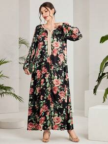 Long Sleeve Notched Neck Woven Fabric Arabian Dress With Floral Print Asymmetrical Design And Contrast Binding Details - Multicolor - View 6