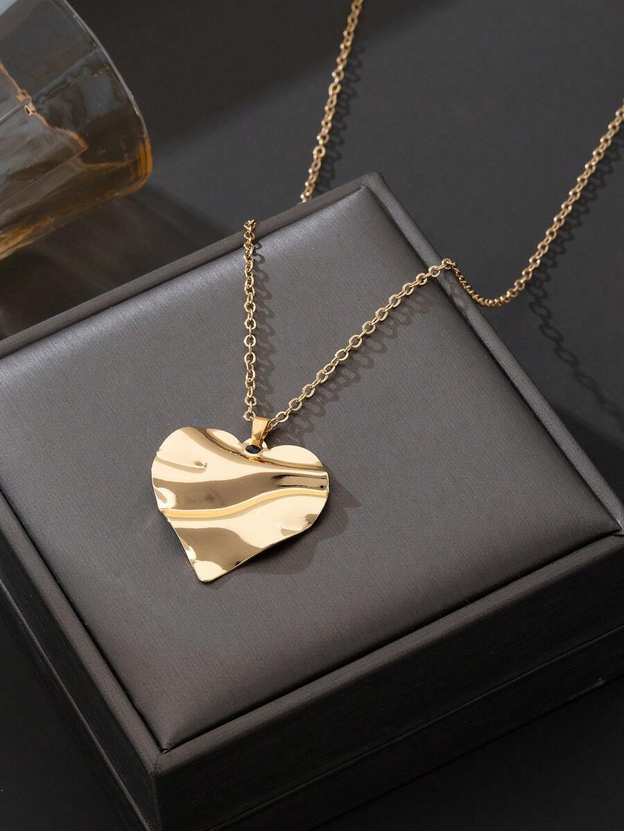 1件简约优雅金色纹理心形吊坠项链，情人节礼物（无包装盒） - 金黃色 - 查看 1