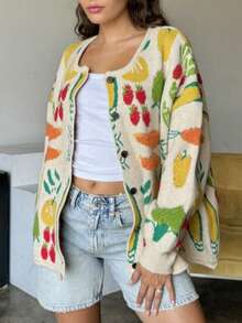 Women's Autumn Playful Fruit Pattern Knit Cardigan - Fashion-Forward Oversized "Harvest" Button-Up Sweater - Stylish Colorful Strawberry & Apple Print Outerwear - 杏色 - 查看 2
