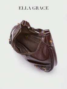 ELLA GRACE- Vintage Brown Crescent Shoulder Bag For Women, PU Leather Biker Style Hobo Purse With Metal Buckle, Retro Work Tote, Gift For Her