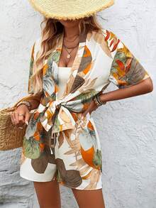 欧美新款春夏时尚树叶印花短袖开衫搭配抽绳短裤，优雅度假休闲套装