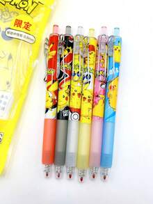 6pcs/Pack Pokemon Pikachu Retractable Ballpoint Pen, 0.5mm Black Ink, School & Office Supplies, Writing Stationery, Party Favor - Multicolor - View 6