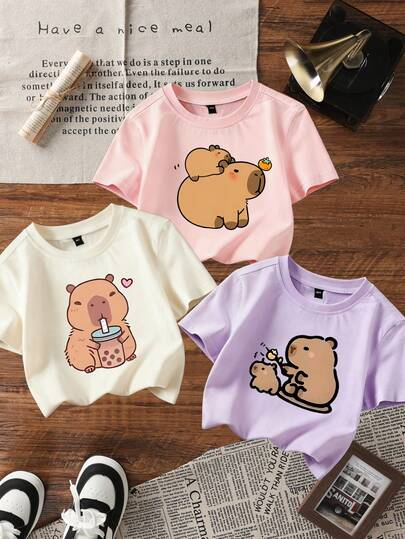 3件套女童水豚印花短袖T恤，适合大龄女童，夏季款