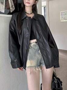 Chaqueta para mujer Chaqueta retro de cuero marrón para mujer - Estilo corto para primavera/otoño Chaqueta de cuero holgada estilo coreano para mujeres bajitas Chaqueta motera elegante con cremallera, cuello vuelto, botones y bolsillos Chaqueta de cuero informal y desenfadada de corte holgado - Negro - Ver 2