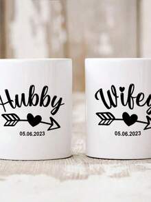 Personalised Wifey Hubby Mug With Wedding Date / Bride Groom Mr Mrs Engagement / Bachelorette Party Engagement / Husband Wife Christmas Gifts - 黑色 - 查看 1