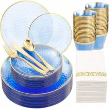 175 Pcs Plastic Dinnerware Set For 25 Guests Gold Plates Hammered Party Dinner Dessert Cups Cutlery Napkins White And Gold 200 - 210 Characters - 175 Pcs (25 Guests) + Clear Blue - View 2