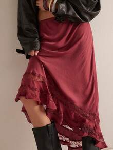  Women Silk Satin Half Slip Long Skirts Lace Patchwork Elastic Waist Long Skirt Elegant Silky Flowy A Line Midi Skirts - 酒紅色 - 查看 4