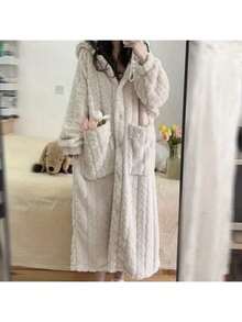 Thickened Long Sleeve Hooded Casual Solid Jacquard Fleece Night Robe For Fall & Winter, Women's Sleepwear & Dresses With Pockets - Multicolor - View 6