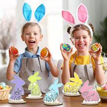 5 piezas de adorno de conejo de madera de Pascua, figura creativa de conejo del Festival de Primavera para sala de estar, dormitorio, TV, mueble de oficina - Multicolor - Ver 5