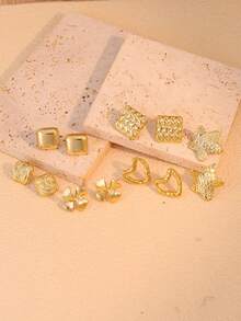 2-6 pares de pendientes con volantes, volantes con forma de corazón + cuadrado con puntos + mariposa estrella, 6 estilos para mezclar y combinar, tono dorado vintage que favorece - Dorado - Ver 5