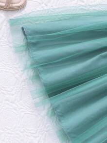 女童休闲纯色无袖翻领网纱连衣裙，配腰带，夏季 - 綠色 - 查看 9