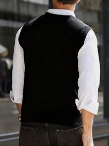 Men's Casual Solid Color V-Neck Sweater Vest, Versatile (T-Shirt Not Included), Fall/Winter - Black - View 2