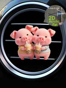 1pc/2pcs Cute Pig Drinking Bubble Tea Acrylic Car Decor Clip, Car Interior Decoration, Adorable Decor, Fragrance-Free, Suitable As Gift, Birthday Gift, Christmas Gift - Multicolor - View 3