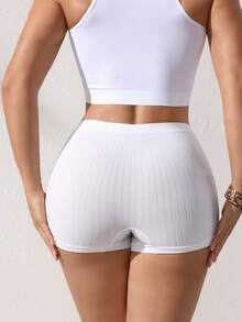 女士高腰透气弹力无缝瑜伽短裤运动内裤 - 简约舒适罗纹内裤，女士日常穿着必备内衣 - 白色 - 查看 2