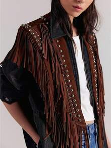 Women Tassel Vest Y2K Sleeveless Fringe Wide Eyes Suede Collar Shawl Open Front Boho Western Jacket Cardigan - 棕色 - 查看 1