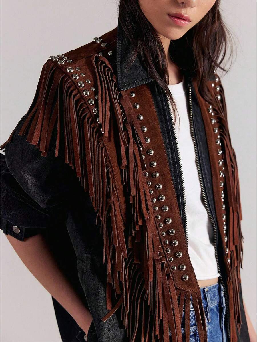 Women Tassel Vest Y2K Sleeveless Fringe Wide Eyes Suede Collar Shawl Open Front Boho Western Jacket Cardigan - 棕色 - 查看 1